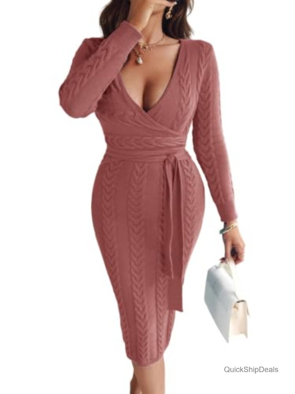 CHICME Women's Knit Wrap Midi Dress Long Sleeve V-Neck Bodycon